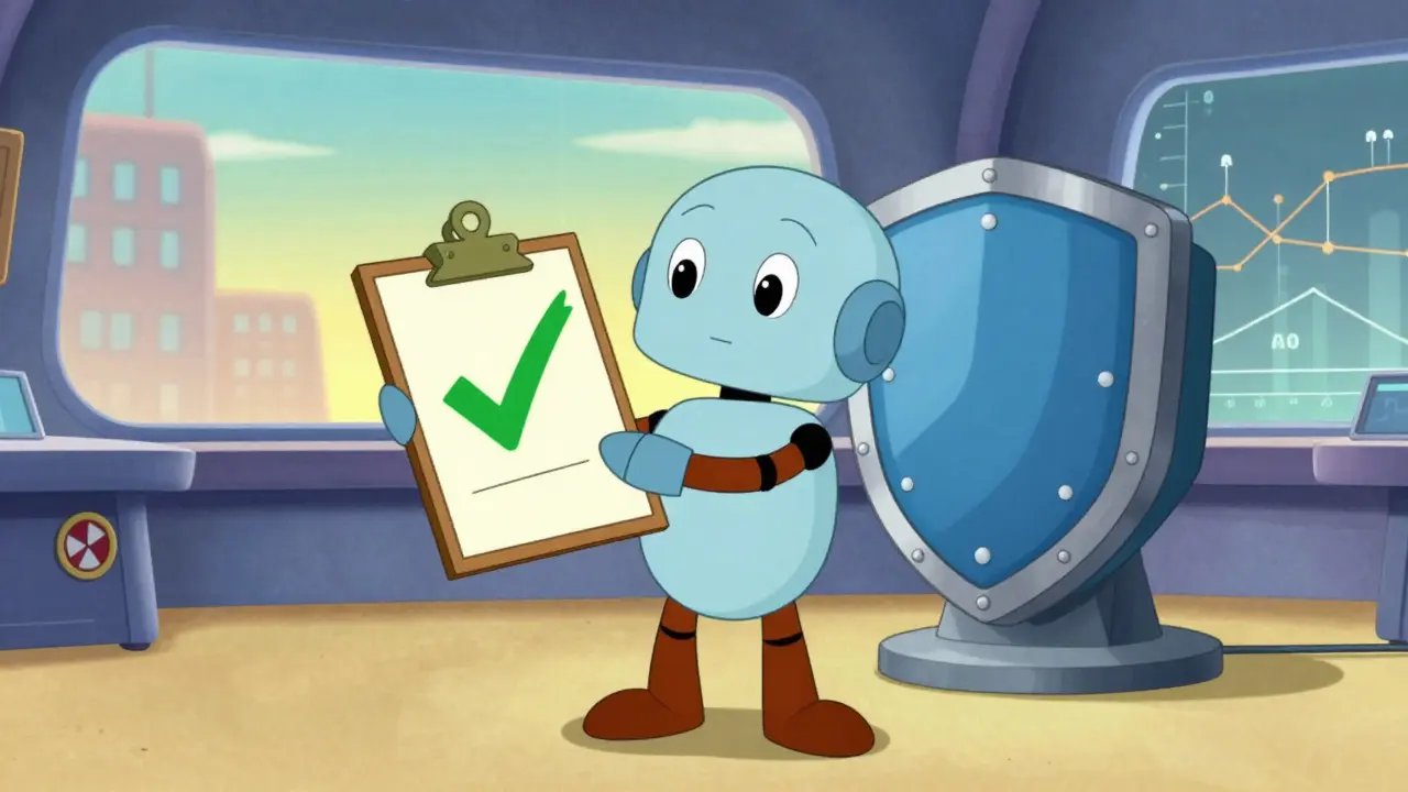 Friendly robot engineer holding a clipboard with checkmarks in a lab