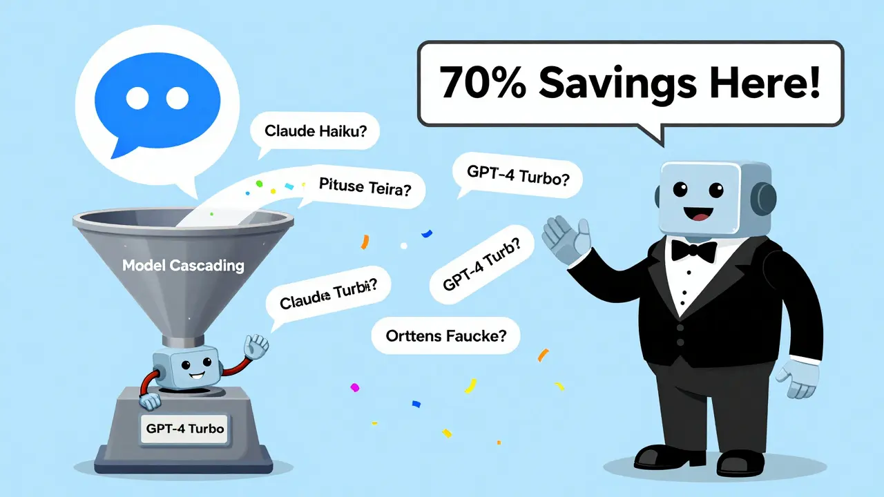 Funnel showing user queries flowing to cheap and expensive AI models, highlighting cost savings.