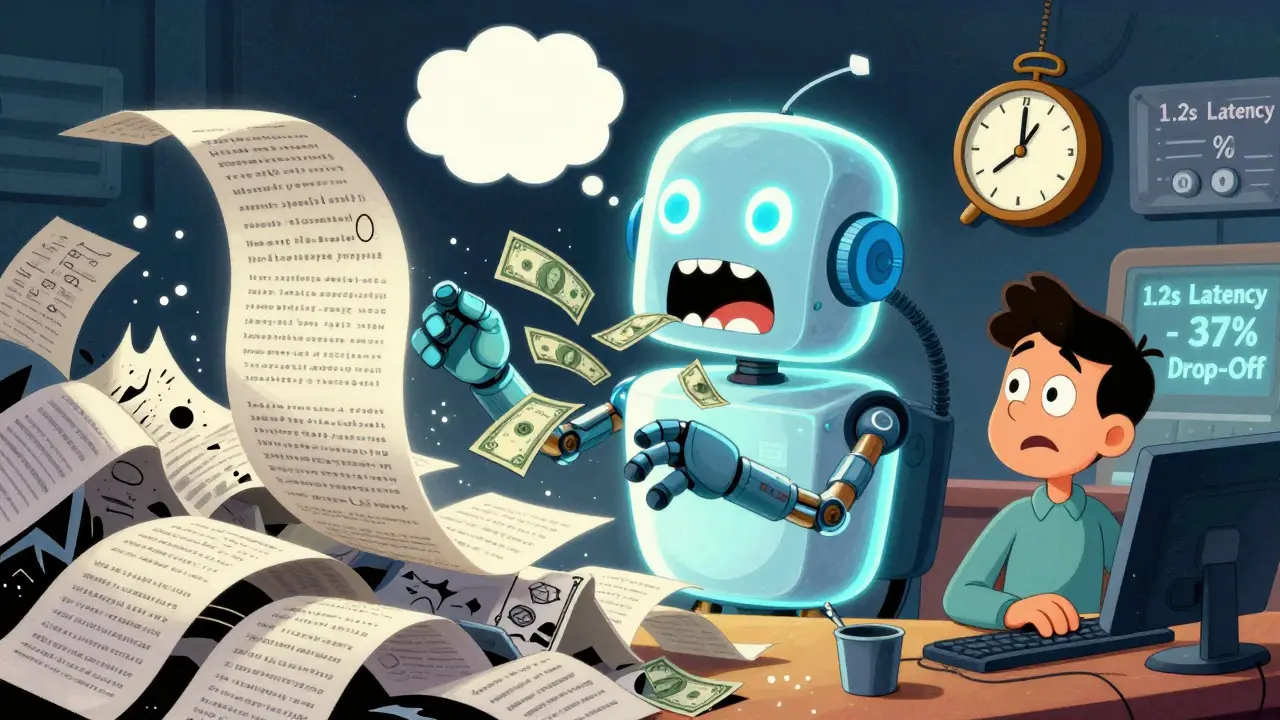 Giant AI robot overwhelmed by messy text, with dollar bills flying out and a slow clock ticking above.