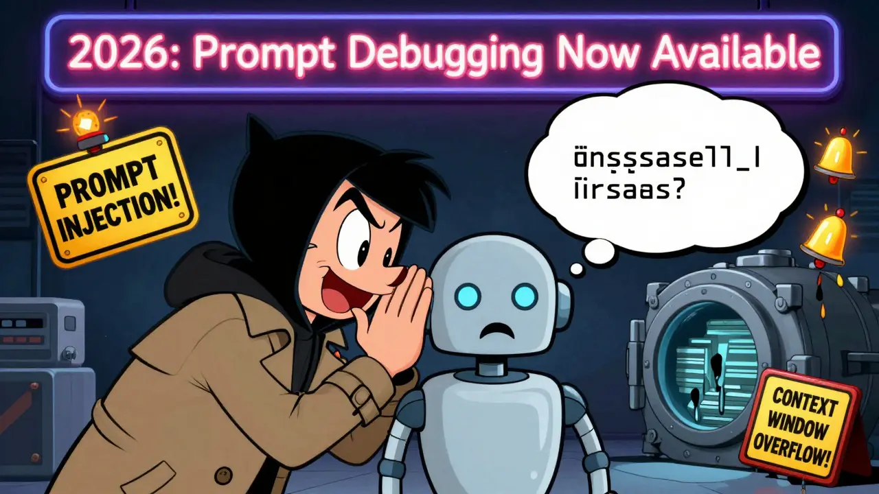 Hacker tricking an AI robot with a malicious prompt, causing data leaks and warning signs.