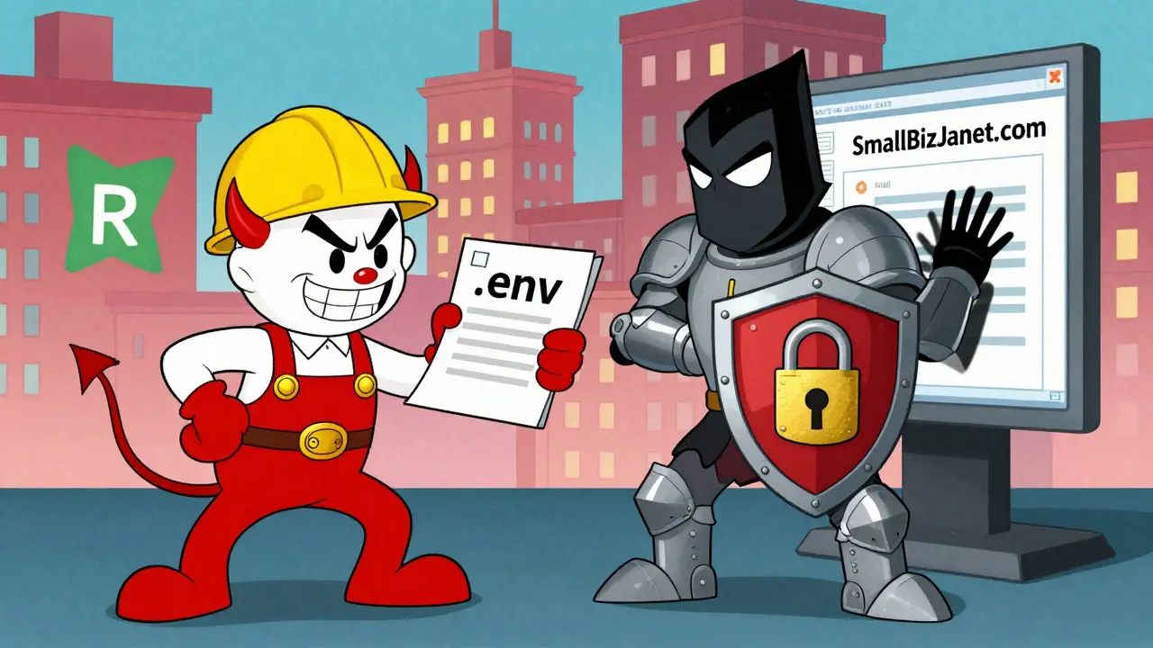 Heroic HTTPS Knight blocking a hacker from stealing data from a website labeled 'SmallBizJanet.com'.