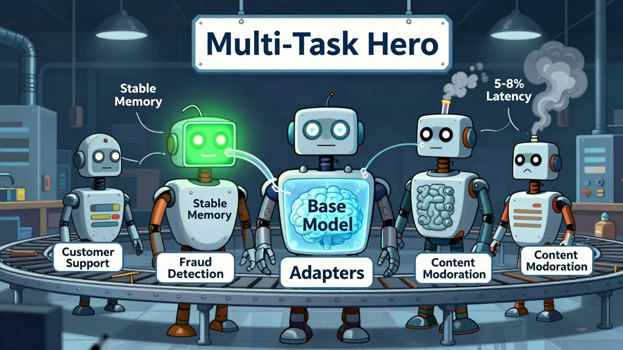 Multi-headed robot adapter handling different tasks while connected to a frozen base model brain.