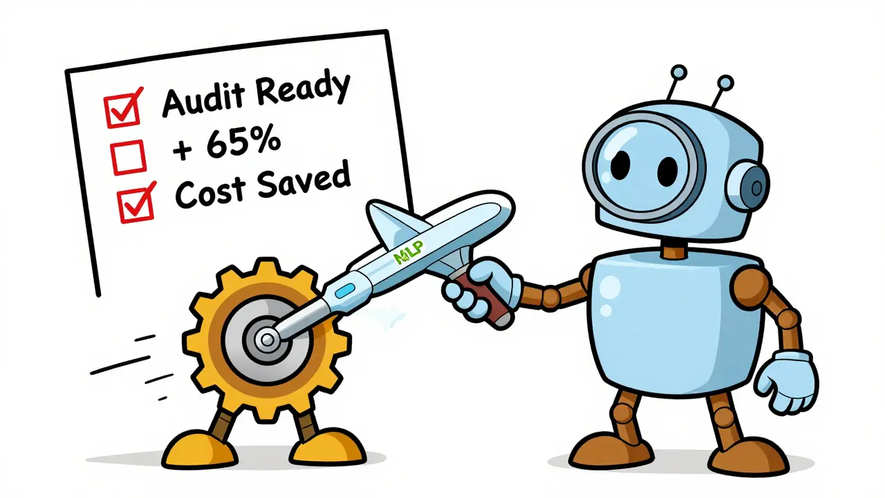 NLP scalpel cleaning text before handing it to an LLM robot, with audit checklist floating above.