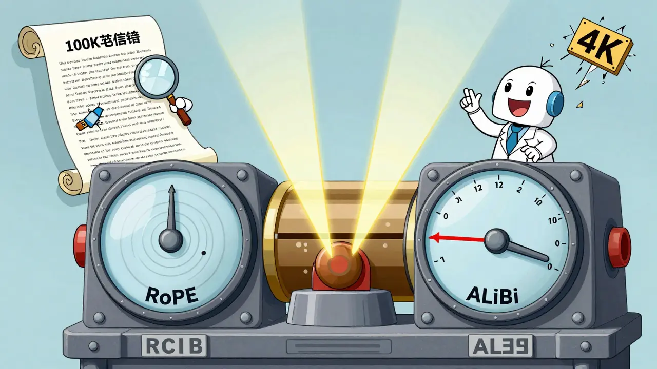 Scientist adjusting RoPE and ALiBi dials powering a massive transformer engine reading a long document.