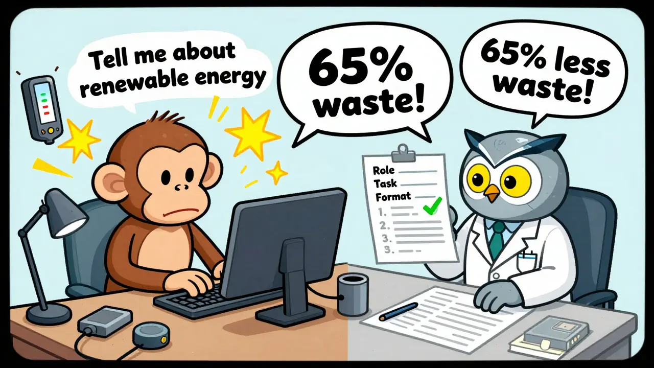 Split-screen cartoon: chaotic LLM prompt vs. clean templated prompt, showing 65% less waste.