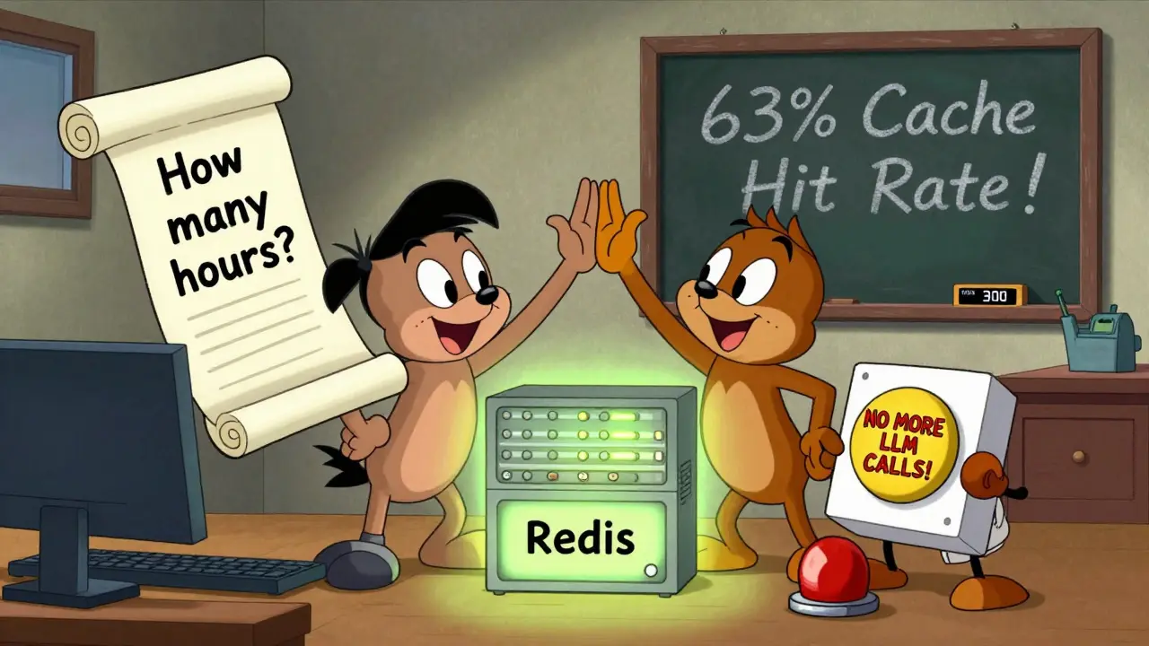 Team celebrating a cache system that blocks repeated LLM calls, reducing token usage.