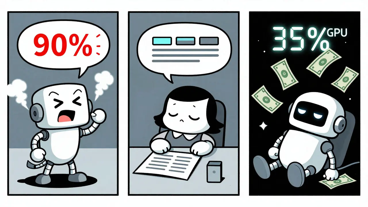 Three cartoon LLM scenarios: frantic chatbot, calm document analyzer, and sleeping robot scaling down at night.