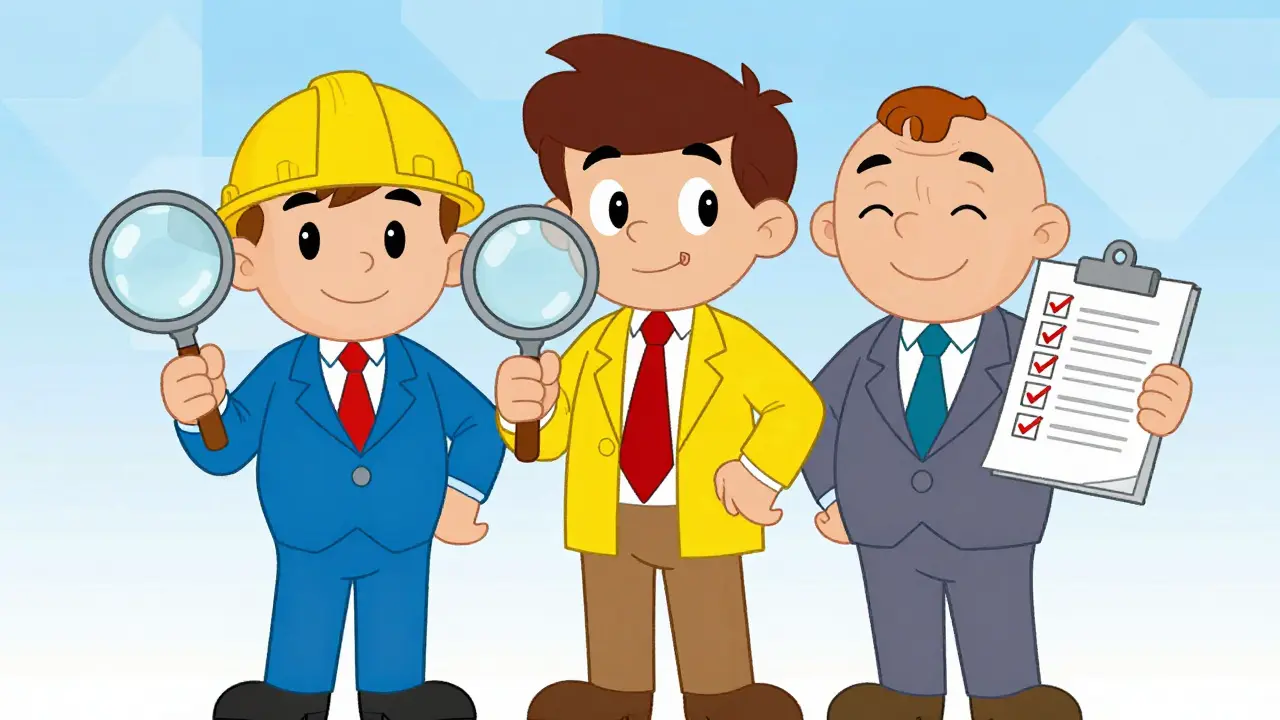 Three cartoon professionals collaborating with tools and blueprints in a colorful studio.