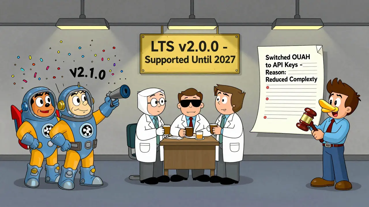 Three teams—innovation, stability, and regulated—each with distinct styles, operating around versioned APIs in Hanna-Barbera style.