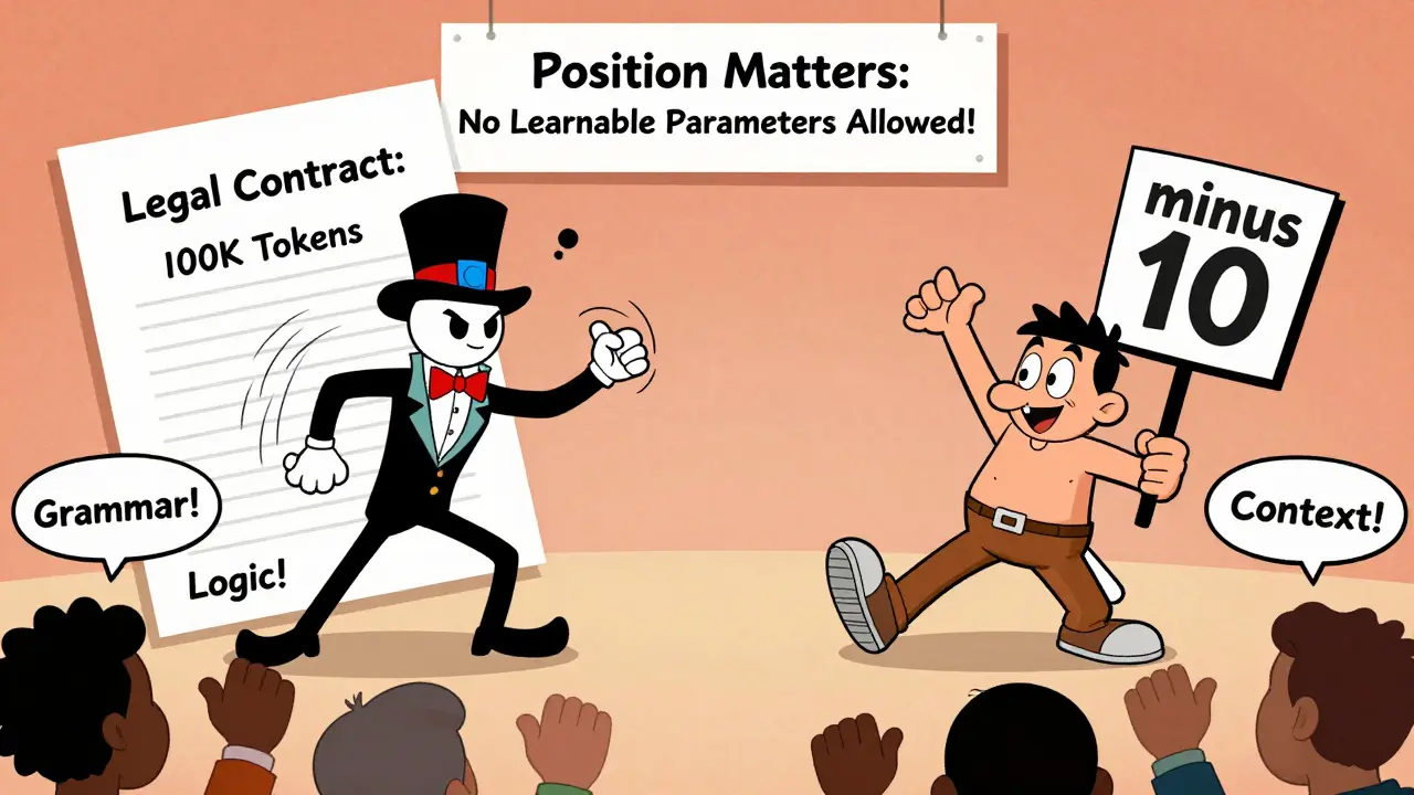 Two cartoon characters representing RoPE and ALiBi in a duel over a 100K-token legal contract.