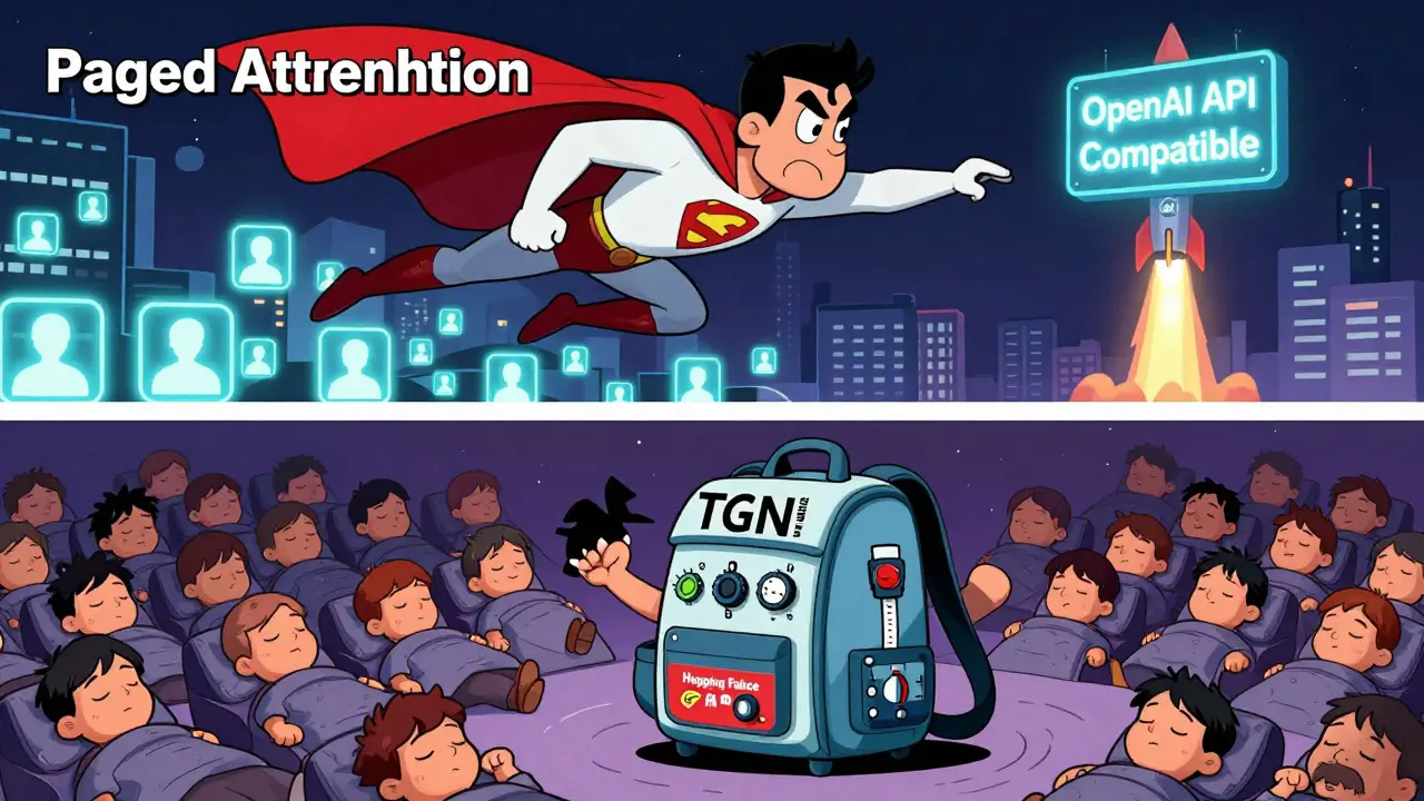 vLLM as a superhero soaring over users while TGI struggles under a heavy backpack in a split-screen scene.