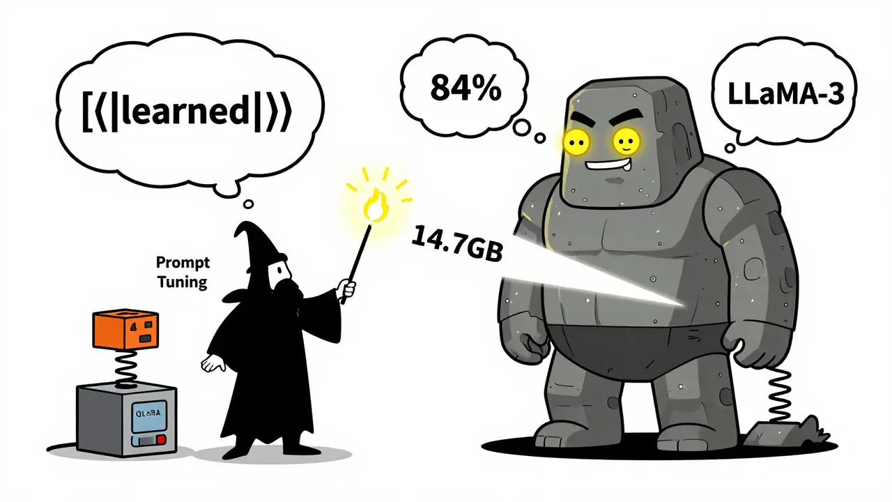 Wizard using floating prompt tokens to influence a giant AI model, with QLoRA device nearby.