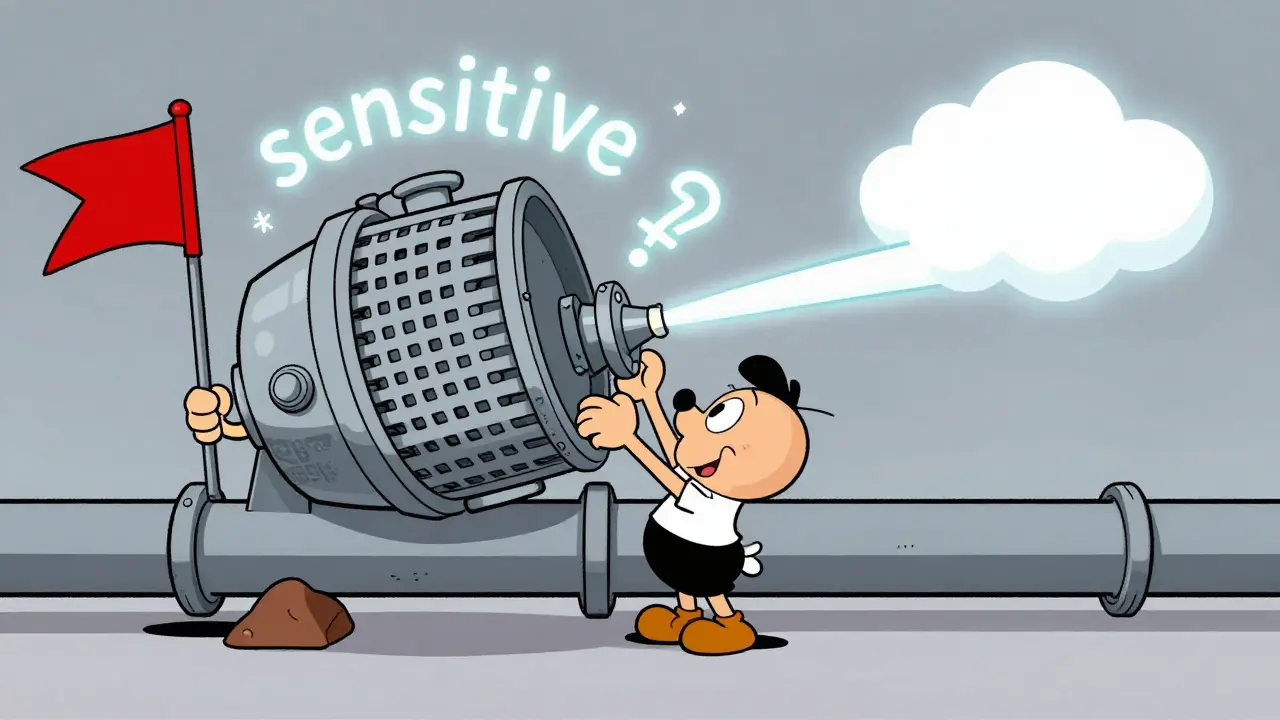 A cartoon programmer installing a giant mechanical filter to scrub sensitive data from a stream.