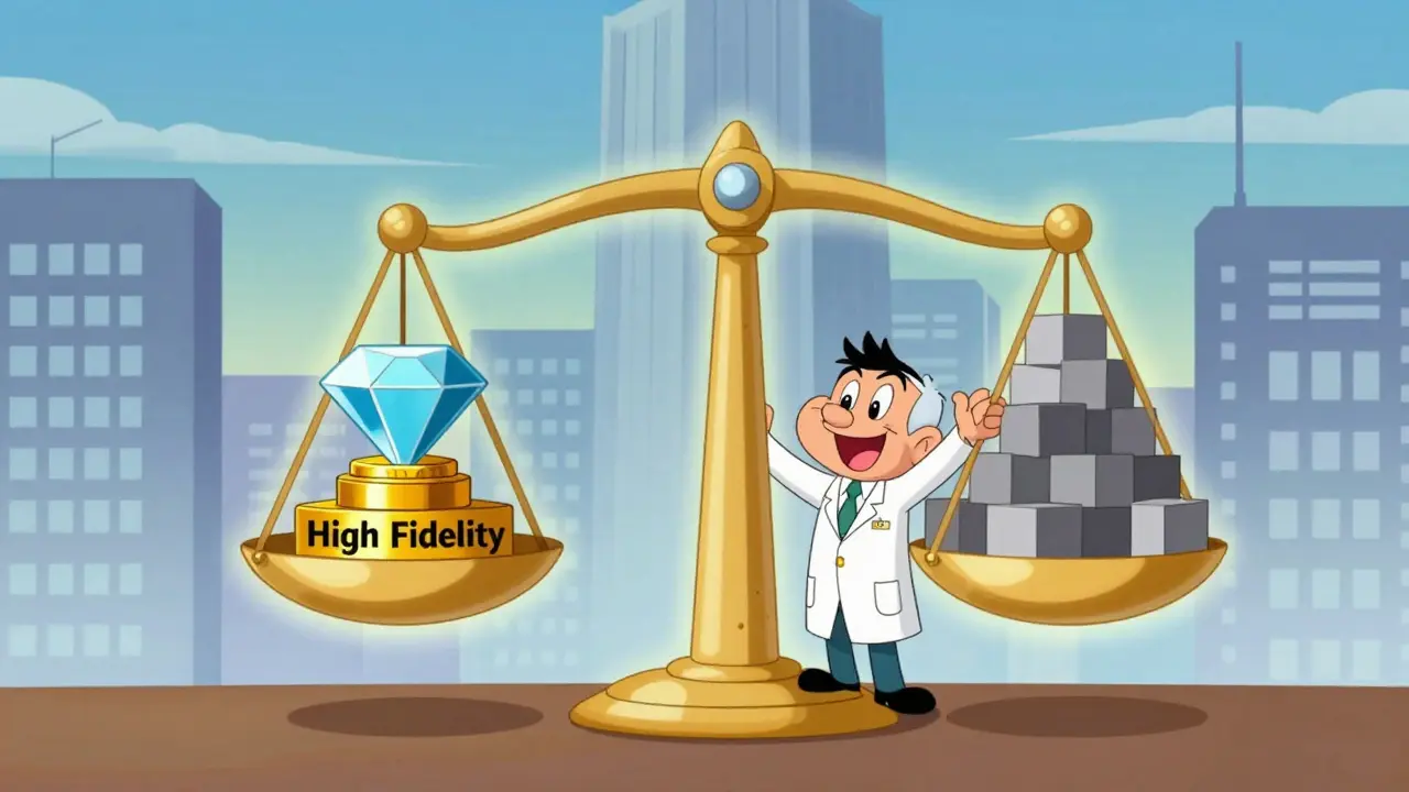 A cheerful engineer balancing a high-fidelity diamond against generic data blocks in a futuristic city.