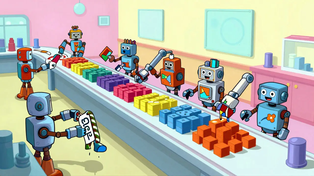 A colorful factory assembly line where robot arms organize multicolored data blocks into clusters.