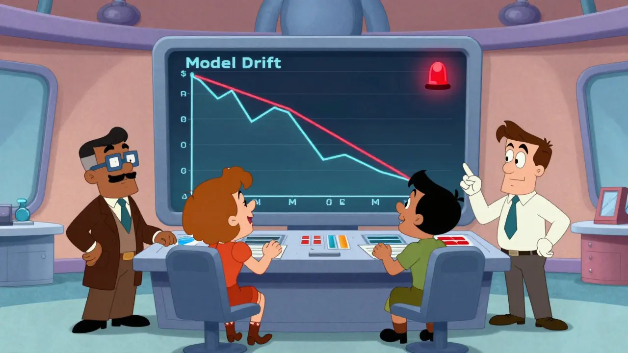 A cross-functional team in a retro-futuristic war room monitoring AI model drift on a screen.