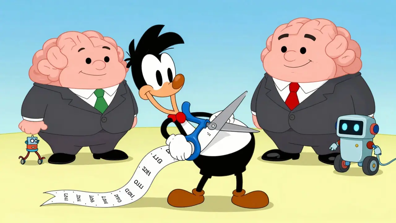 A developer cutting a long ribbon of text to reduce AI context window costs.