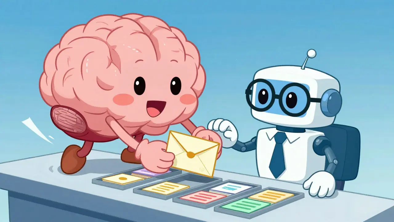 A large brain and a small specialized robot cooperating to route data.