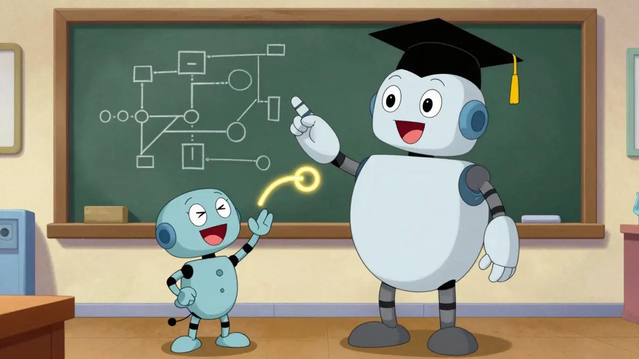 A large teacher robot instructing a smaller student robot in a digital classroom.