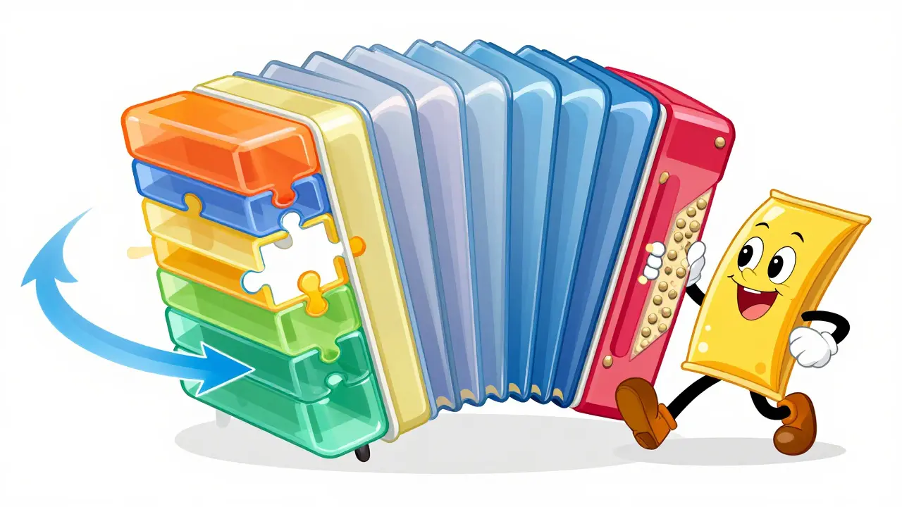 A stylized accordion of neural network layers with data skipping some blocks.