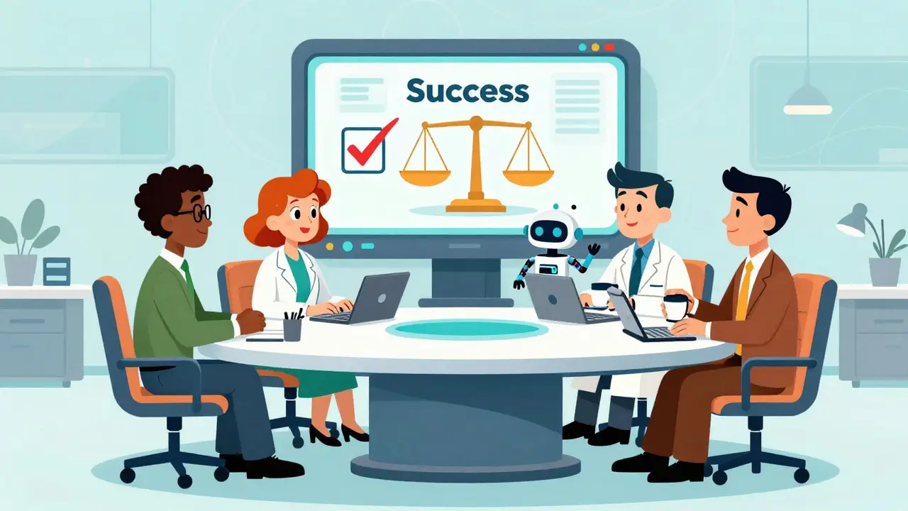 A team of diverse specialists and a robot collaborating around a futuristic office table.