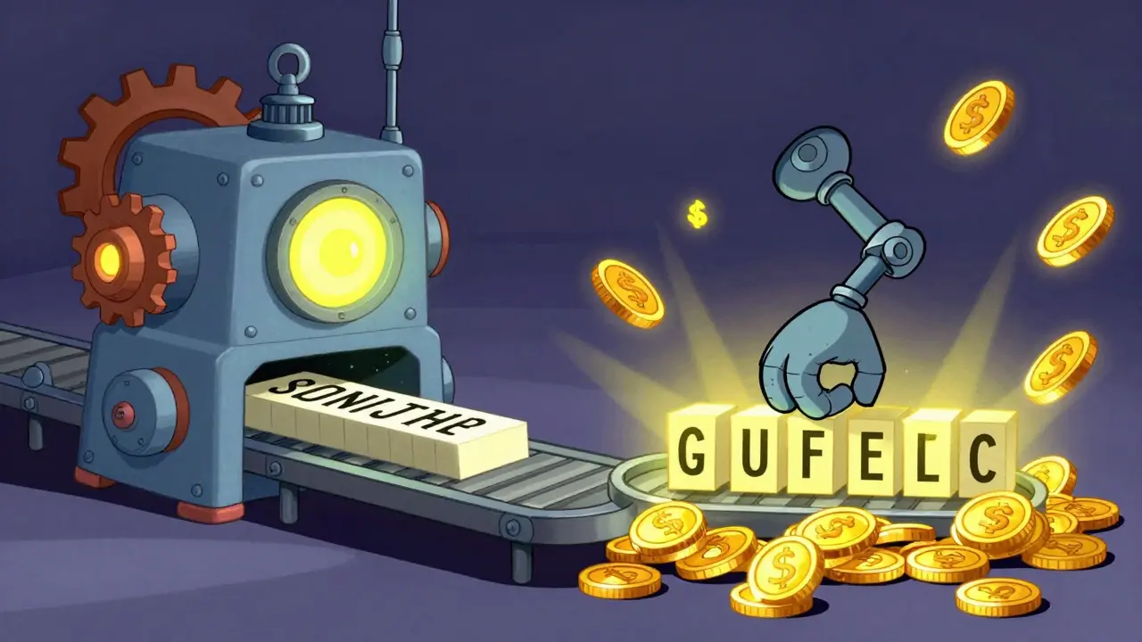 A whimsical AI machine processing text input and slowly stamping out expensive output tokens.