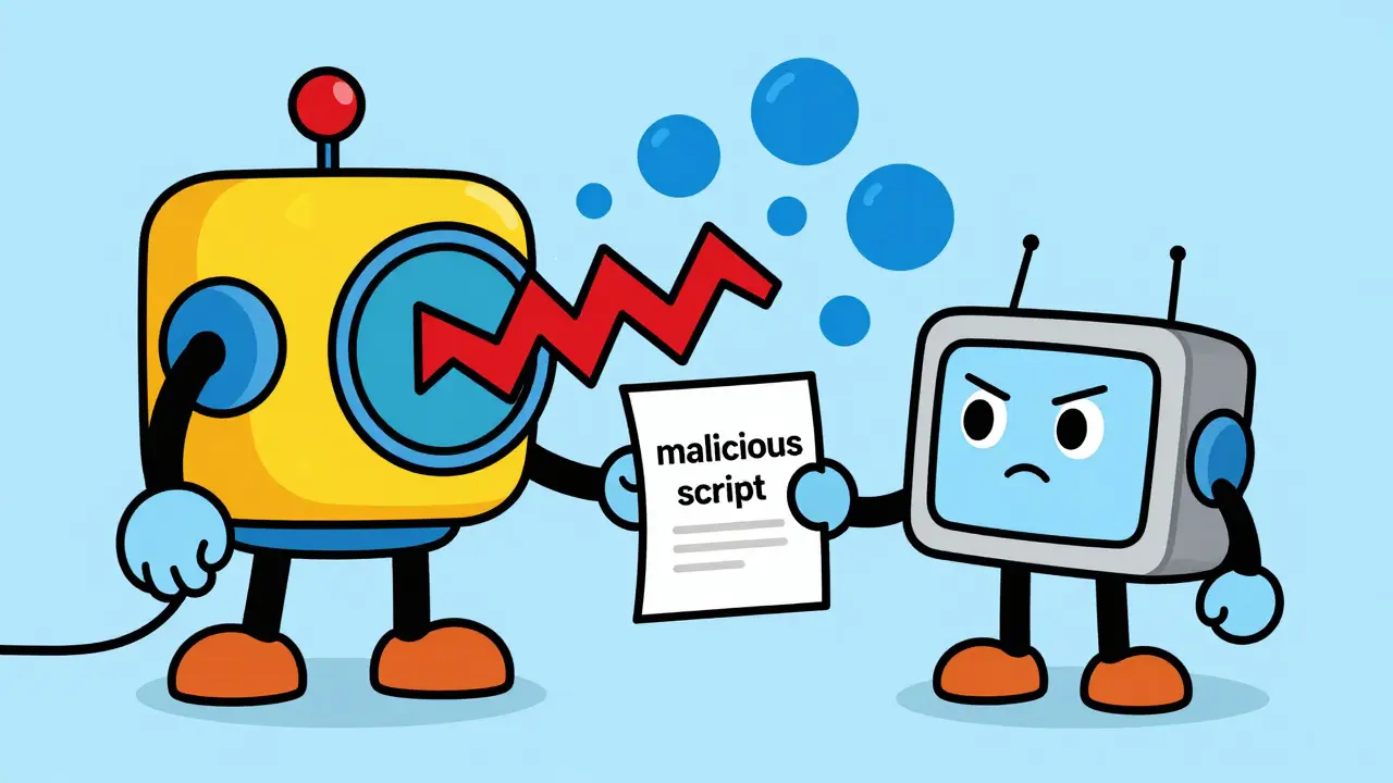 AI robot transforming dangerous scripts into safe bubbles via an encoding machine.