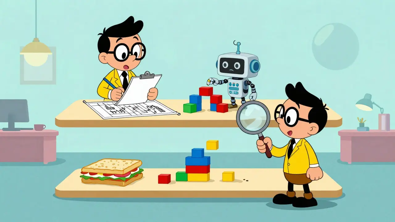 An architect overseeing an AI robot building a system using a structured sandwich approach.