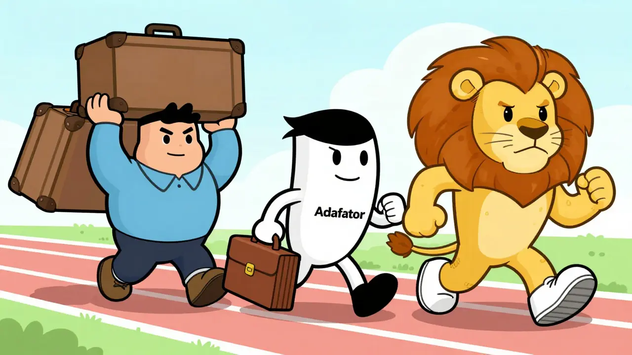 Anthropomorphic AdamW, Adafactor, and Lion characters on a race track.