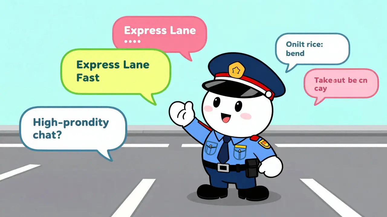 Anthropomorphic AI Gateway character directing request bubbles into different priority lanes.