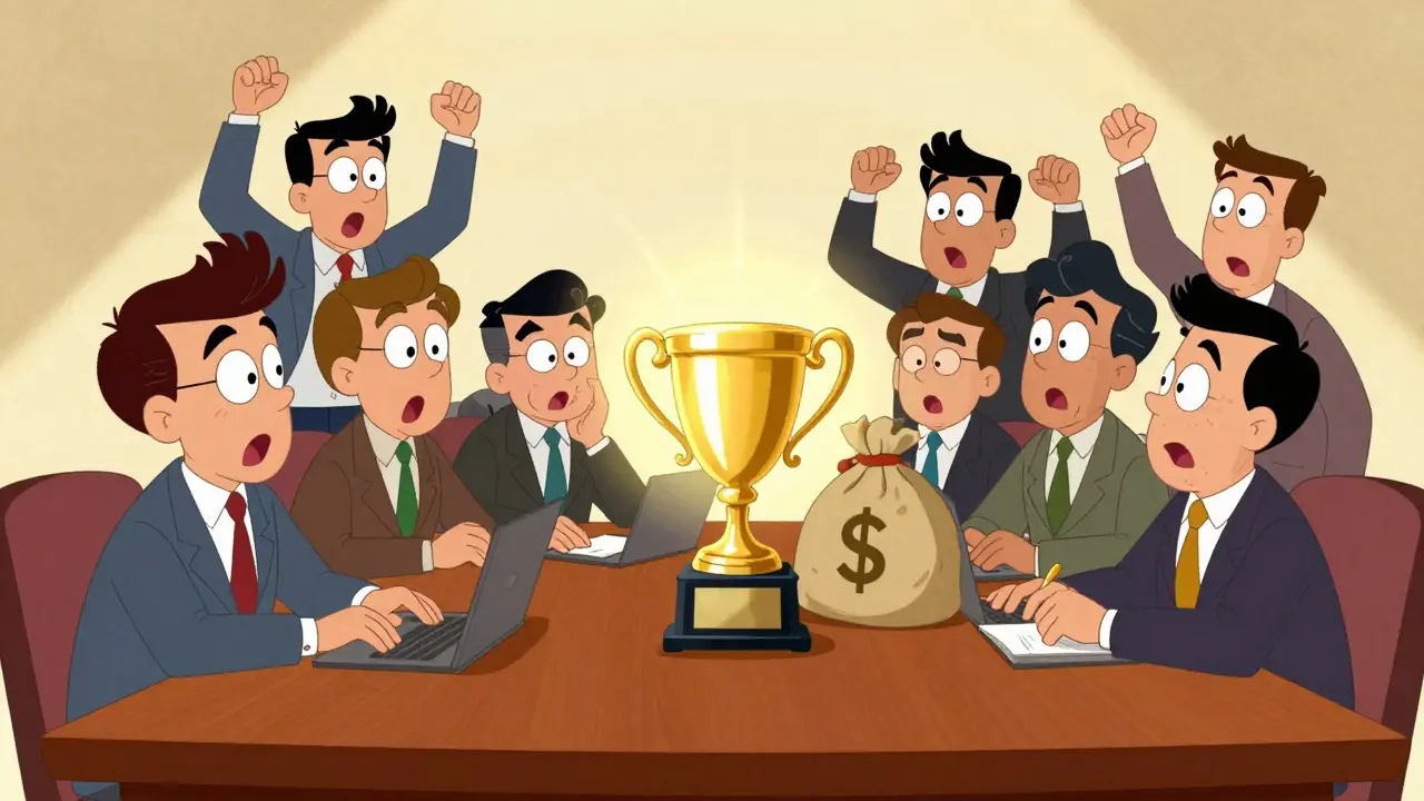 Board members celebrating high financial returns and ROI in a classic boardroom