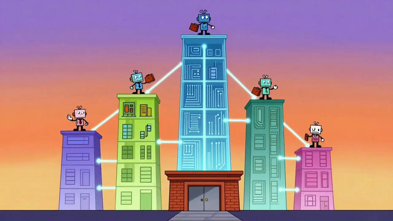 Cartoon business building growing with technology integration