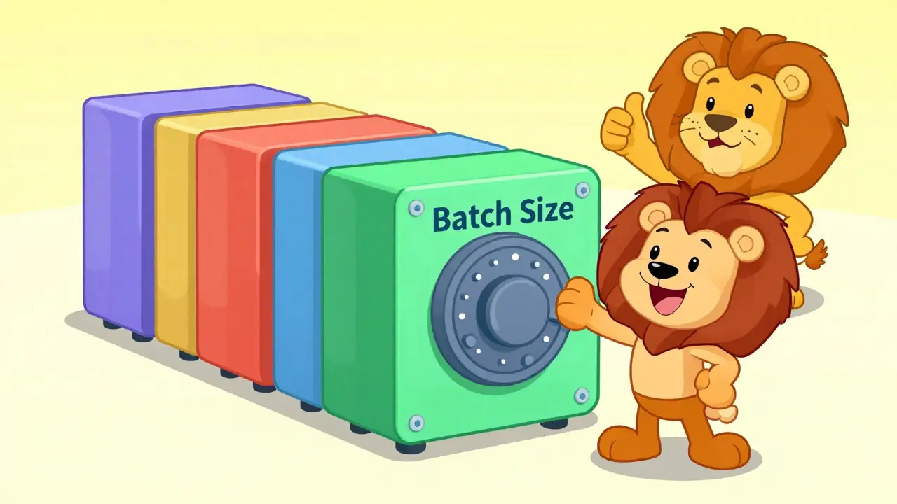 Cartoon character increasing batch size on a futuristic GPU cluster with a Lion mascot.