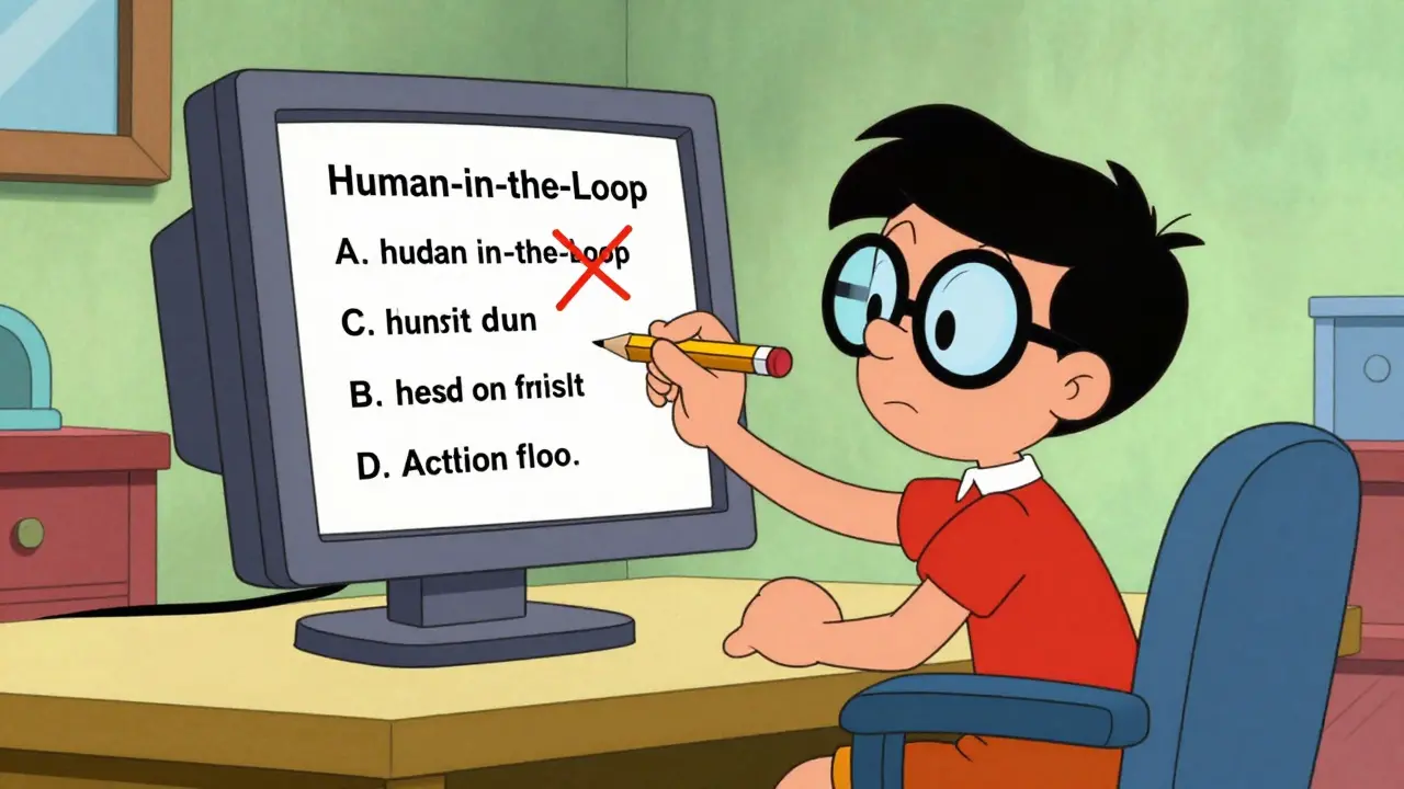 Cartoon editor reviewing and correcting AI-generated alt text on a vintage computer.