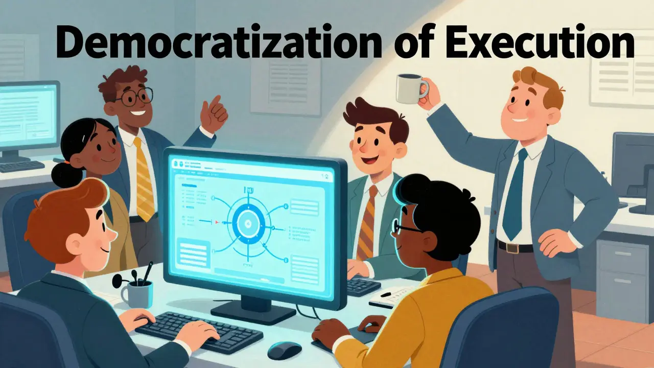 Cartoon of diverse employees collaborating on AI tools while an engineer looks on happily.