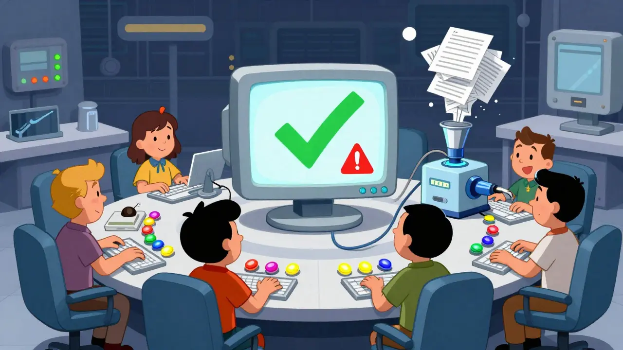 Cartoon risk analysts using an AI machine to automate a large pile of paperwork in a command center.