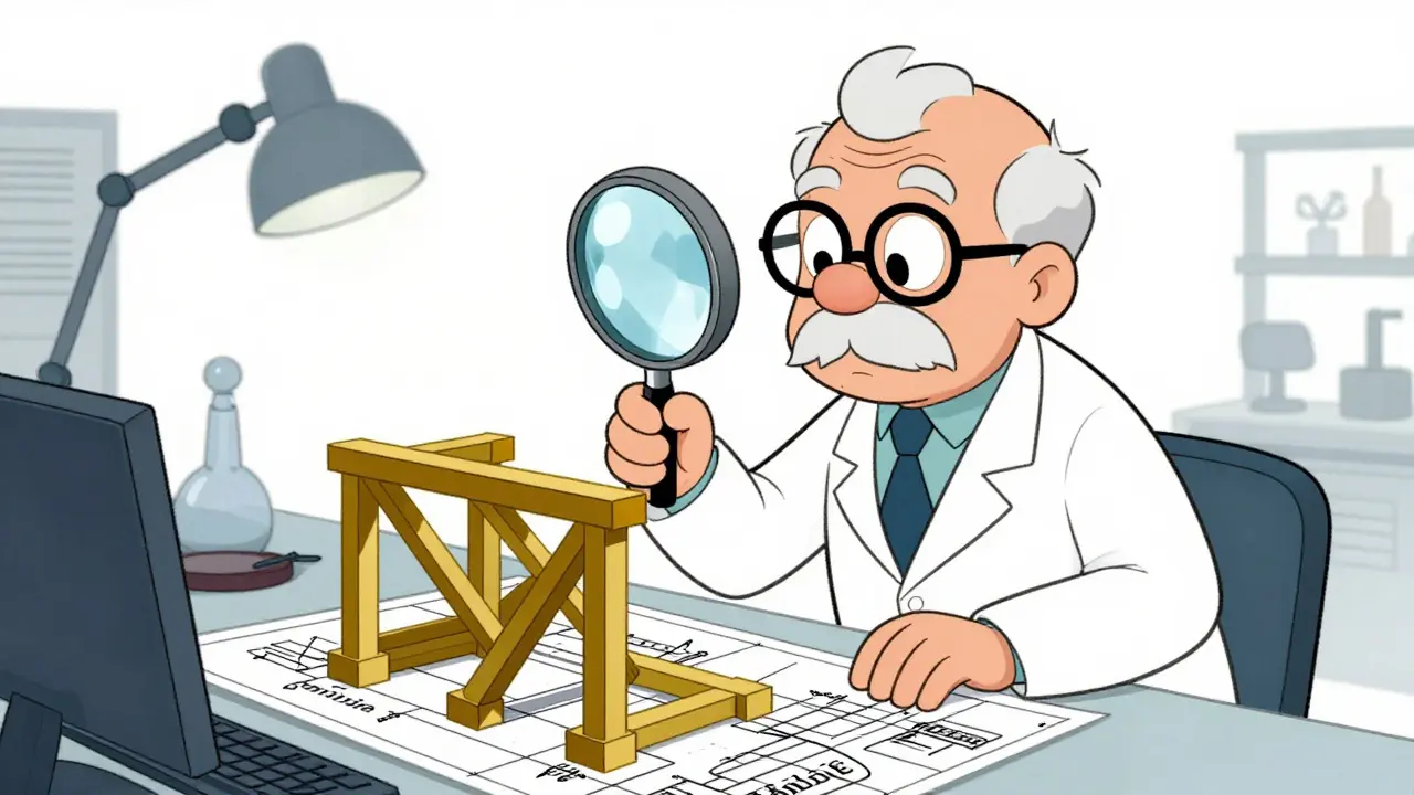 Cartoon senior developer auditing and refining a digital architectural blueprint.