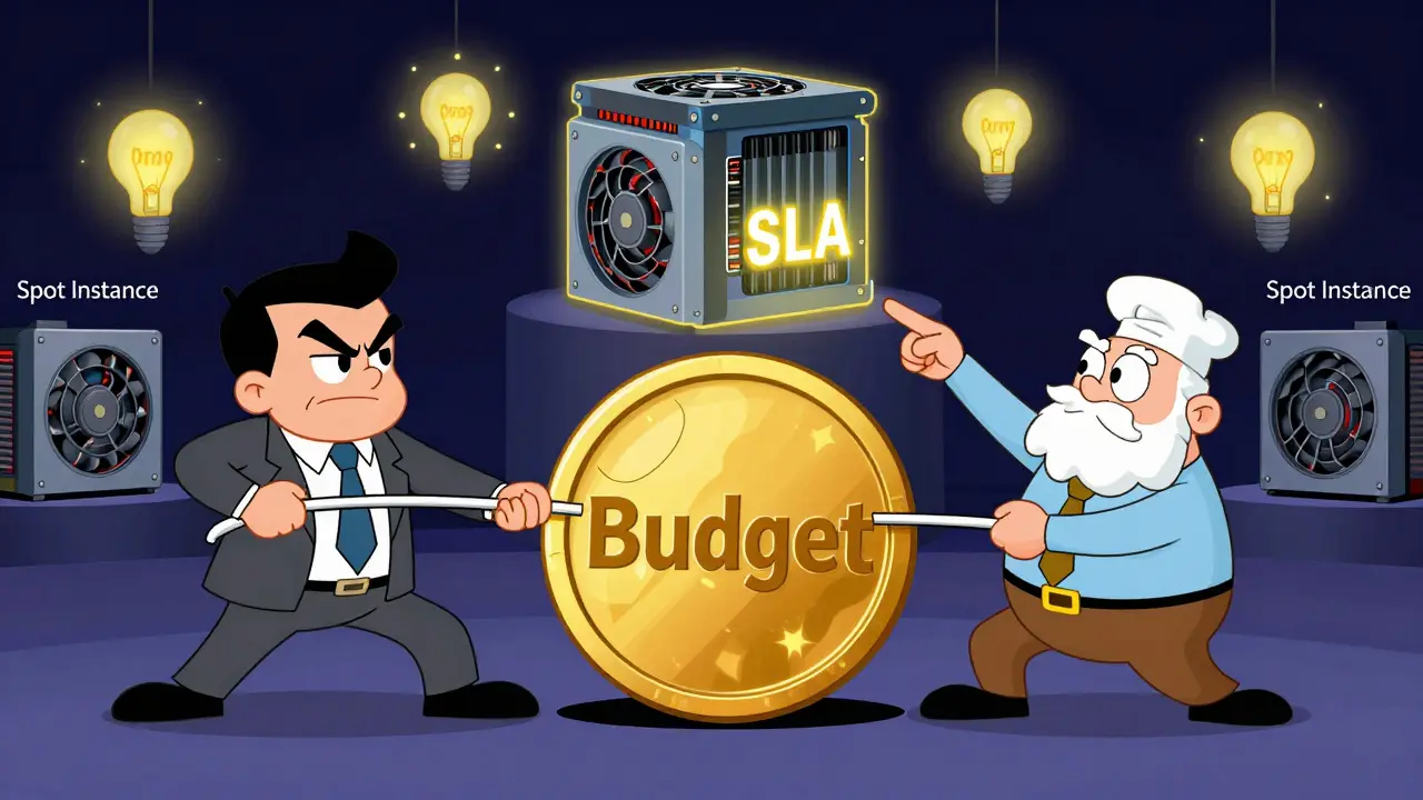 Cartoon tug-of-war between a businessman and an engineer over budget and GPU performance.