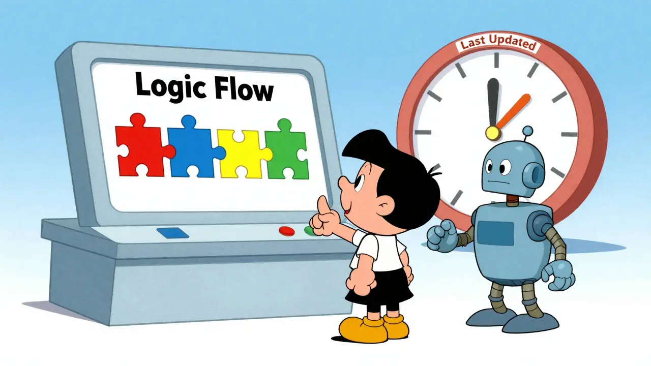 Character and robot reviewing a logic puzzle flow and a data update clock.