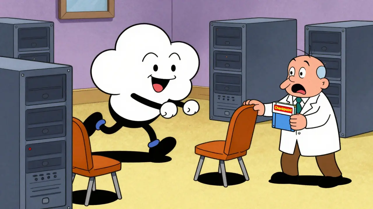 Cloud character taking a server chair away from a scientist in a game of musical chairs.
