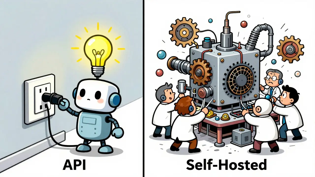Comparison between a simple API plug-in and engineers building a complex self-hosted server.