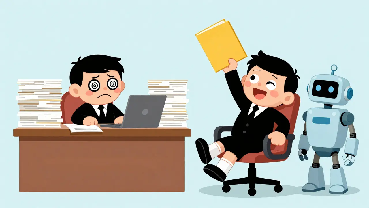 Comparison of a stressed lawyer with piles of paper versus a relaxed lawyer with an AI assistant