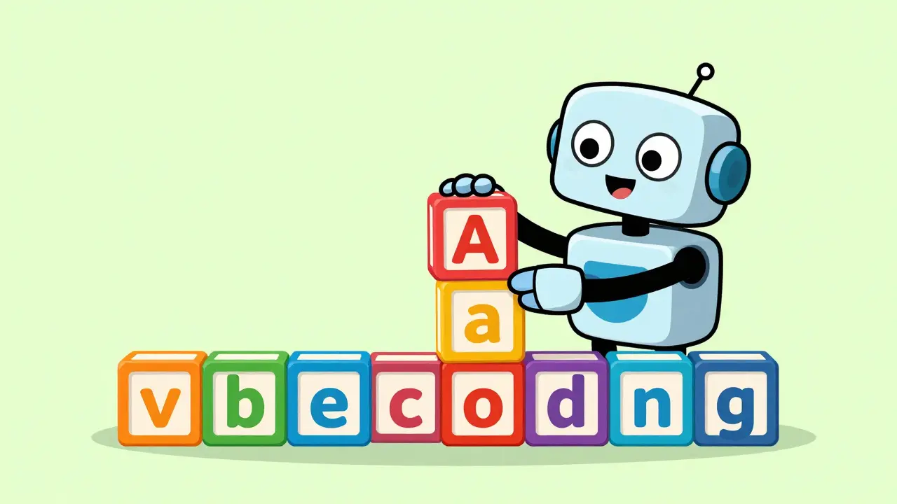 Friendly robot organizing language blocks in a classic 1960s animation style.