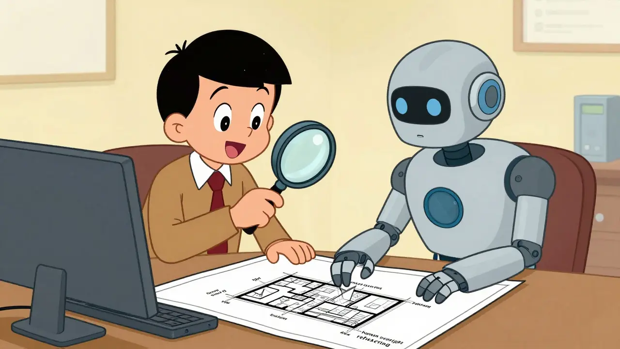 Human developer and robot collaborating over a technical blueprint at a desk.