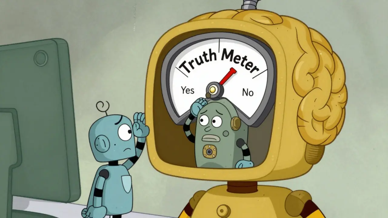 Interior of a robot's brain showing a shaking truth meter gauge in vintage cartoon style.