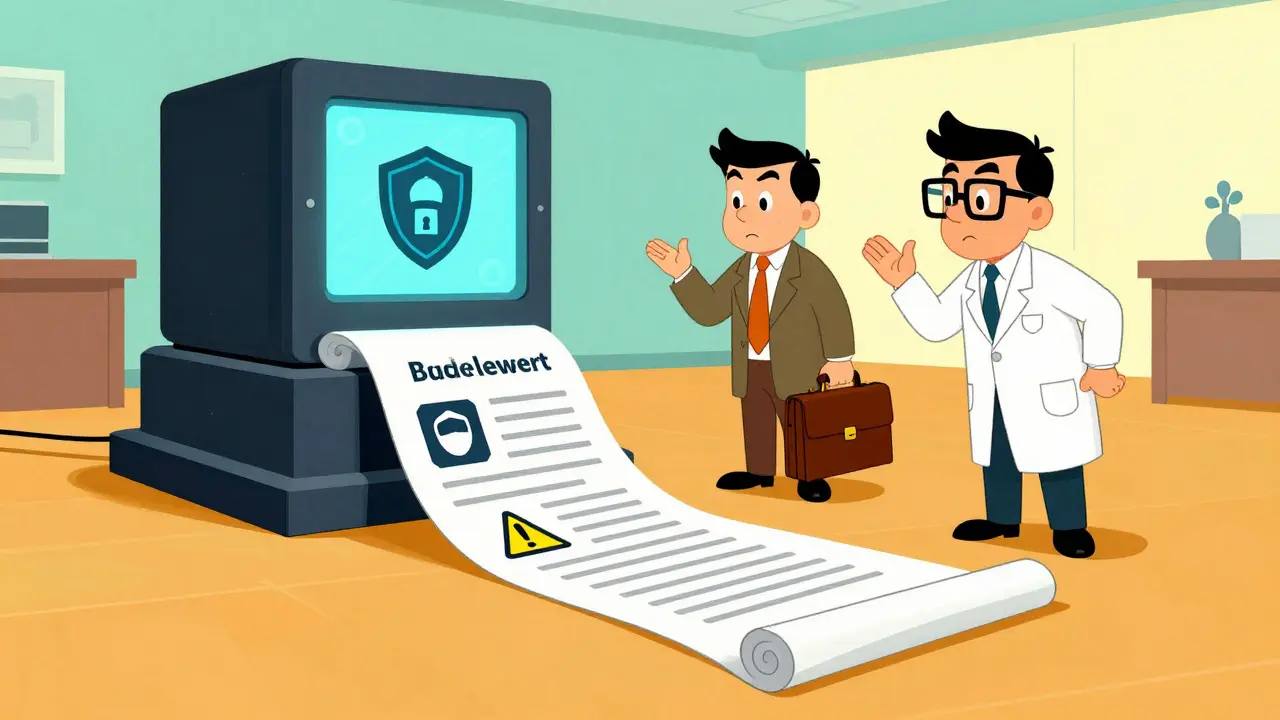 Lawyer and scientist debating a large contract next to a black box AI machine.