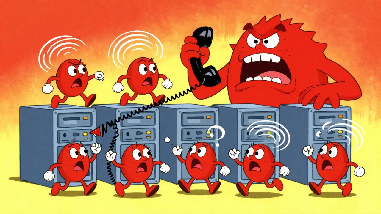 Personified servers panicking during a network failure with a technical debt monster looming over them.