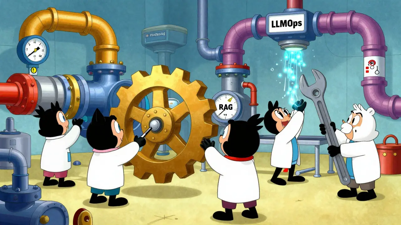 Quirky characters in a colorful factory fixing AI pipes for RAG and LLMOps.