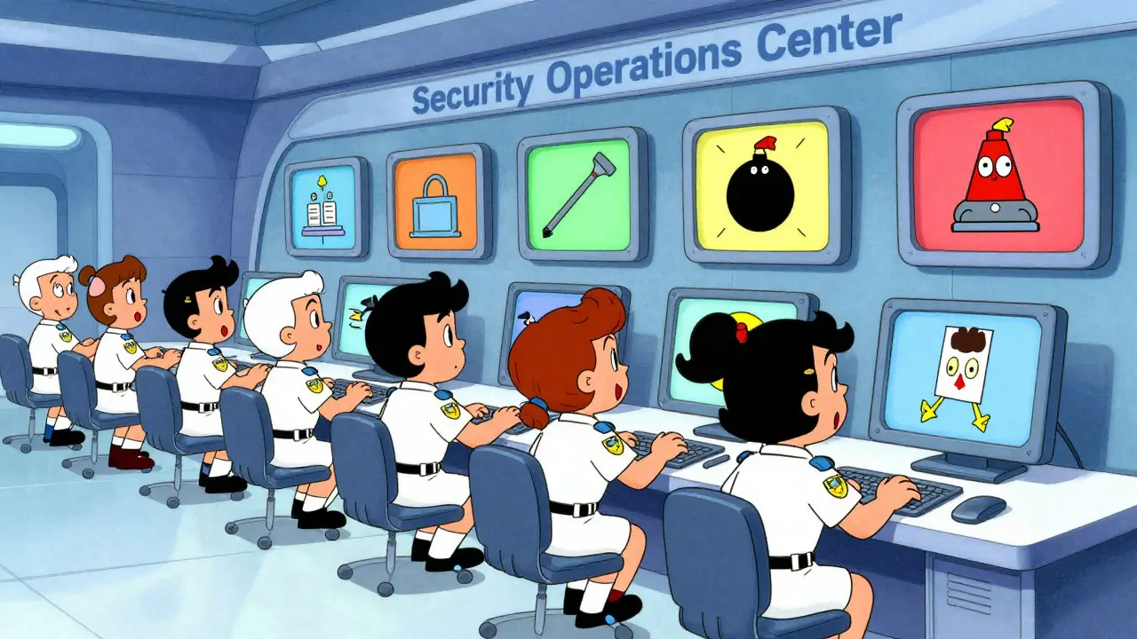 Quirky security team in a colorful 60s style control room monitoring red alerts.