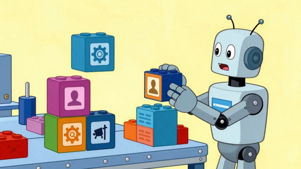 Robot assembling an application using colorful modular building blocks.
